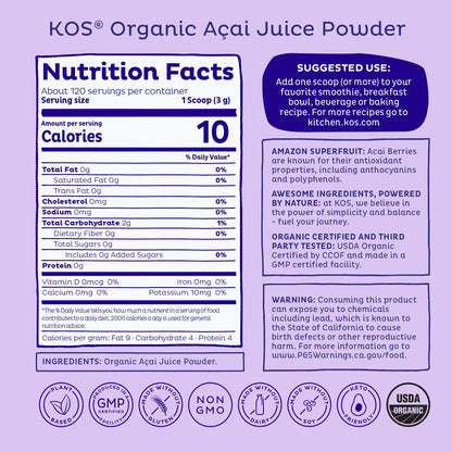 KOS Organic Acai Juice Powder - USDA Certified Organic, Plant Based Superfood Antioxidants, Superberry from Brazil, Great for Smoothies and Bowls, 0g Sugar, Vegan, Gluten-Free, Non-GMO - 120 Servings - Maple Wellness Supplements