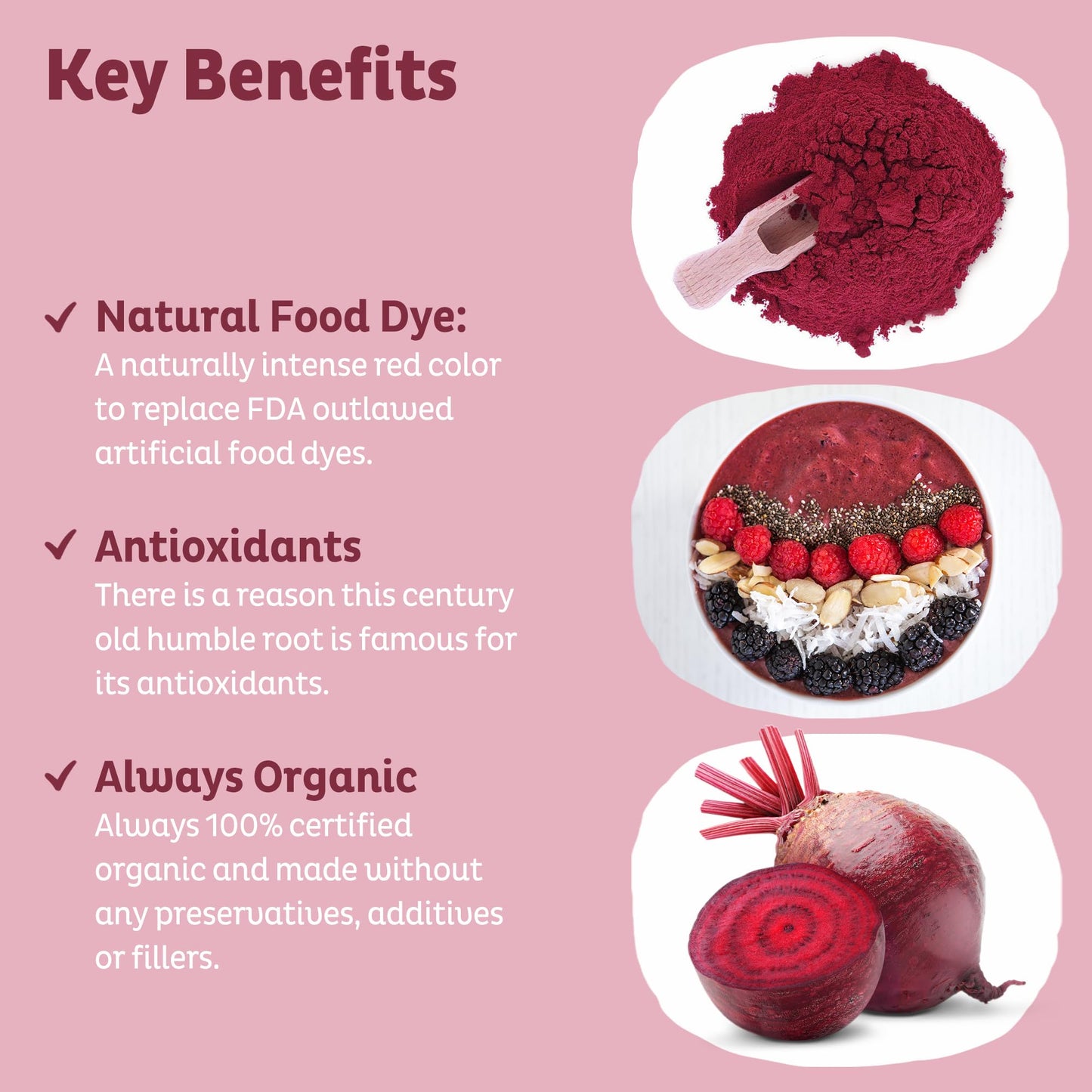 KOS Organic Beet Root Powder, USDA Certified - Superfood Plant Based Beetroot Ingredient for Stamina Increasing, Circulation - Non-GMO, Soy & Gluten-Free, 50 Servings Bag - Maple Wellness Supplements