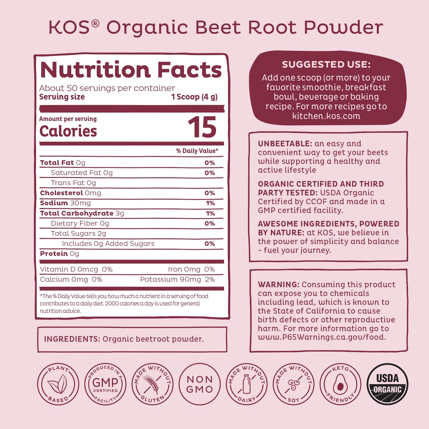 KOS Organic Beet Root Powder, USDA Certified - Superfood Plant Based Beetroot Ingredient for Stamina Increasing, Circulation - Non-GMO, Soy & Gluten-Free, 50 Servings Bag - Maple Wellness Supplements