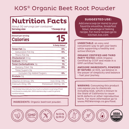 KOS Organic Beet Root Powder, USDA Certified - Superfood Plant Based Beetroot Ingredient for Stamina Increasing, Circulation - Non-GMO, Soy & Gluten-Free, 50 Servings Bag - Maple Wellness Supplements