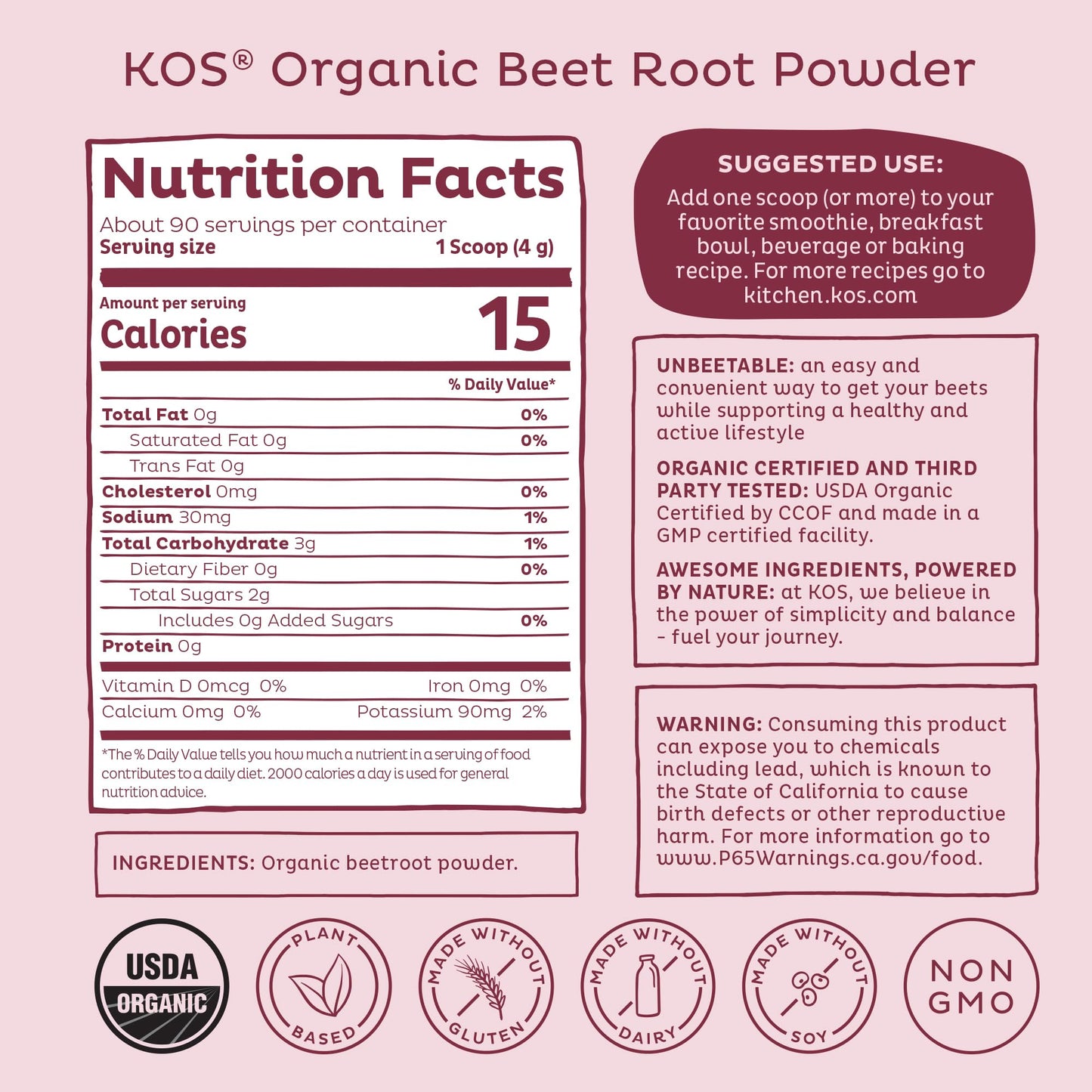 KOS Organic Beet Root Powder, USDA Organic - Natural Nitric Oxide Booster, Superfood Plant Based Beetroot Antioxidant, Supports Active Lifestyle & Healthy Circulation, - Maple Wellness Supplements