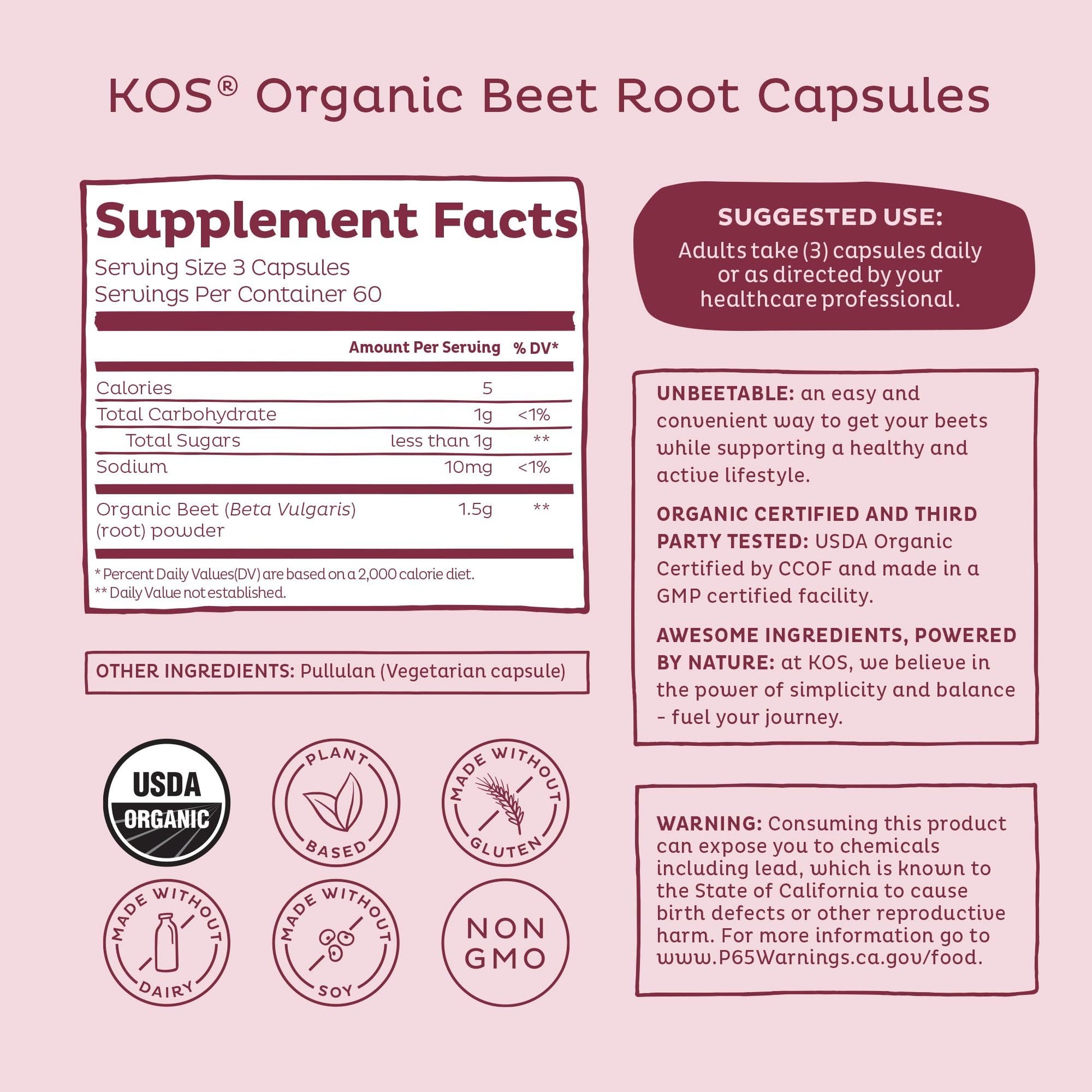 KOS Organic Beetroot Capsules 1500mg - USDA Organic, Antioxidant Power from Organic Beet Root Superfood, Supports Healthy & Active Lifestyle - Non-GMO, - Maple Wellness Supplements