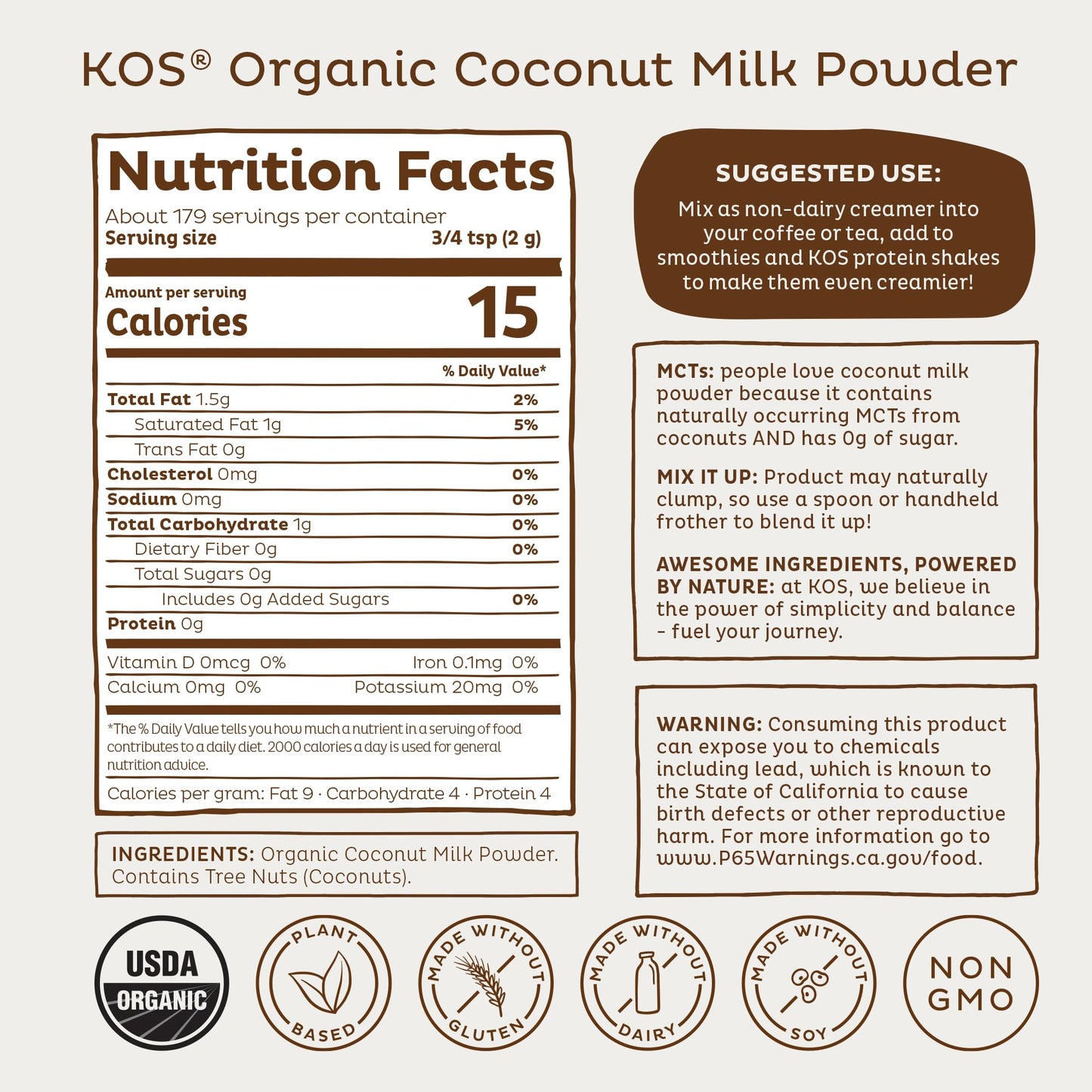 KOS Organic Coconut Milk Powder, USDA Certified Organic - 0g Sugar, MCT Plant Based Creamer for Coffee, Smoothies, Vegan, Keto, Paleo Friendly, Non-GMO, Gluten or Dairy- 12.6oz, 179 Servings - Maple Wellness Supplements
