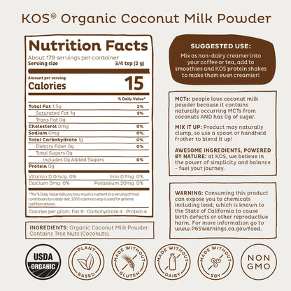 KOS Organic Coconut Milk Powder, USDA Certified Organic - 0g Sugar, MCT Plant Based Creamer for Coffee, Smoothies, Vegan, Keto, Paleo Friendly, Non-GMO, Gluten or Dairy- 12.6oz, 179 Servings - Maple Wellness Supplements