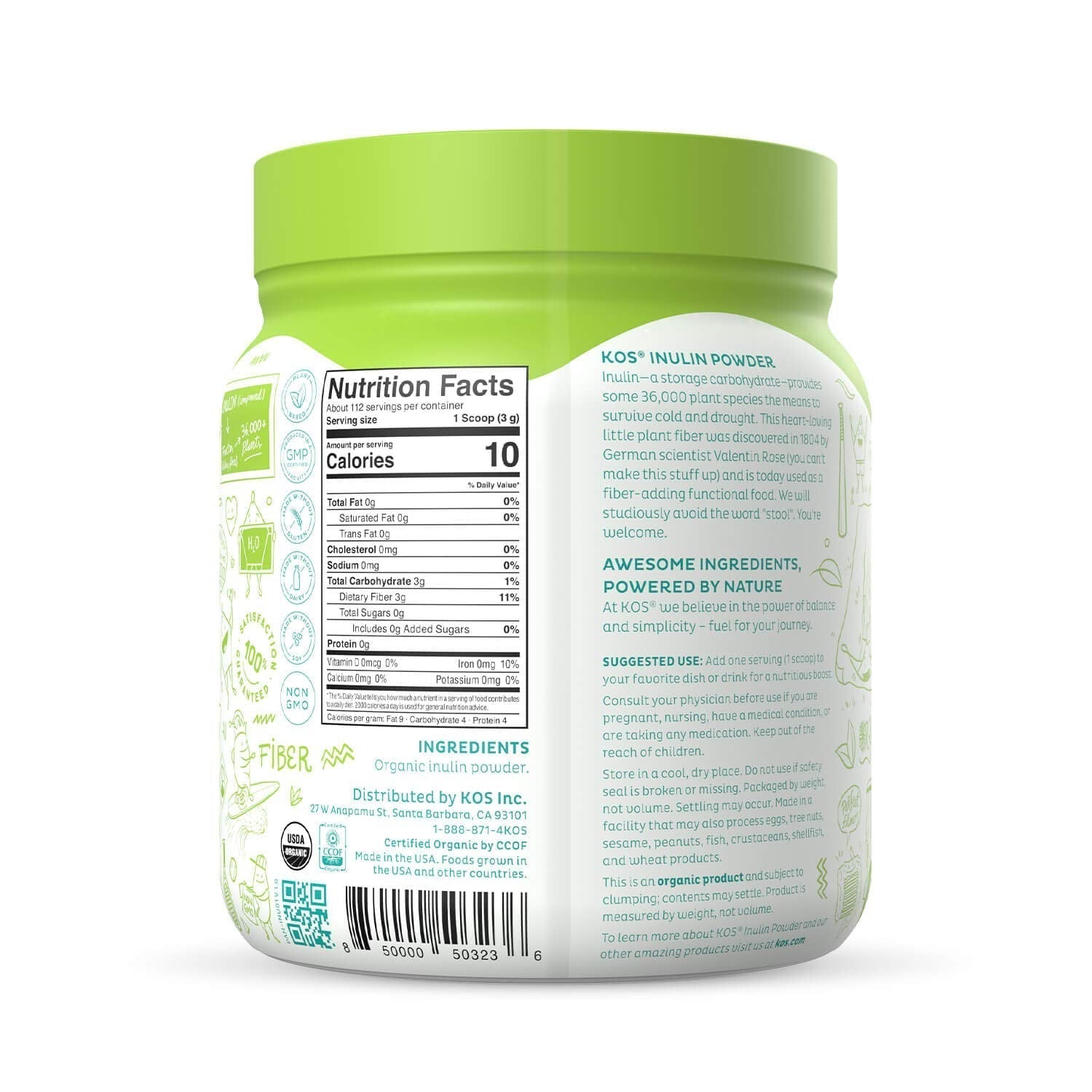 KOS Organic Inulin Powder, Unflavored & Unsweetened Superfood - Vegan Inulin for Prebiotic Intestinal Support, Digestive Health Promoting - USDA Certified, Non-GMO - Maple Wellness Supplements
