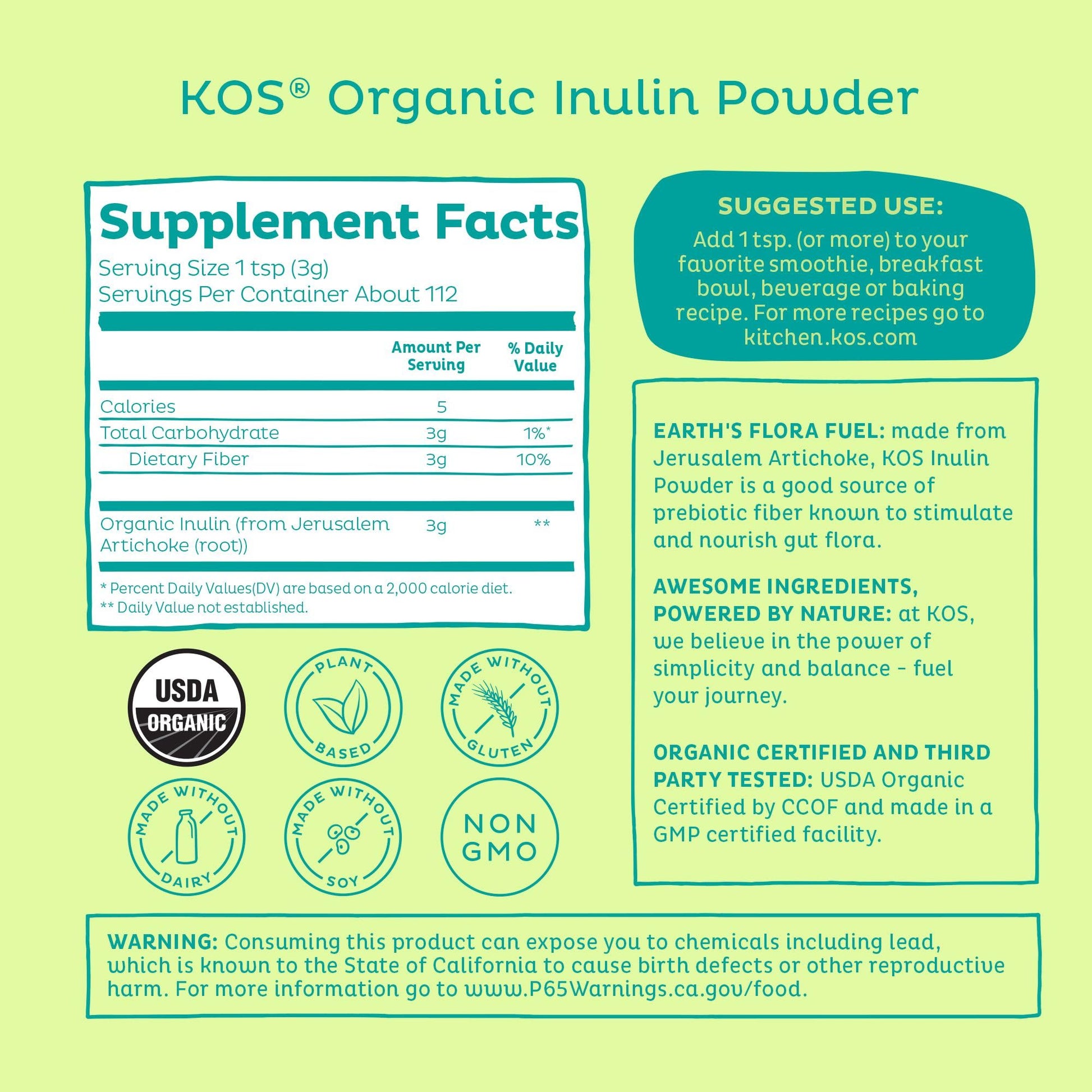KOS Organic Inulin Powder, Unflavored & Unsweetened Superfood - Vegan Inulin for Prebiotic Intestinal Support, Digestive Health Promoting - USDA Certified, Non-GMO - Maple Wellness Supplements