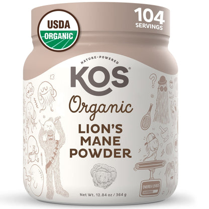 KOS Organic Lion's Mane Powder - Natural Nootropic Superfood - Vegan Functional Mushroom, Plant Based, USDA Certified, Non-GMO, Soy & Gluten-Free - 104 Servings - Maple Wellness Supplements