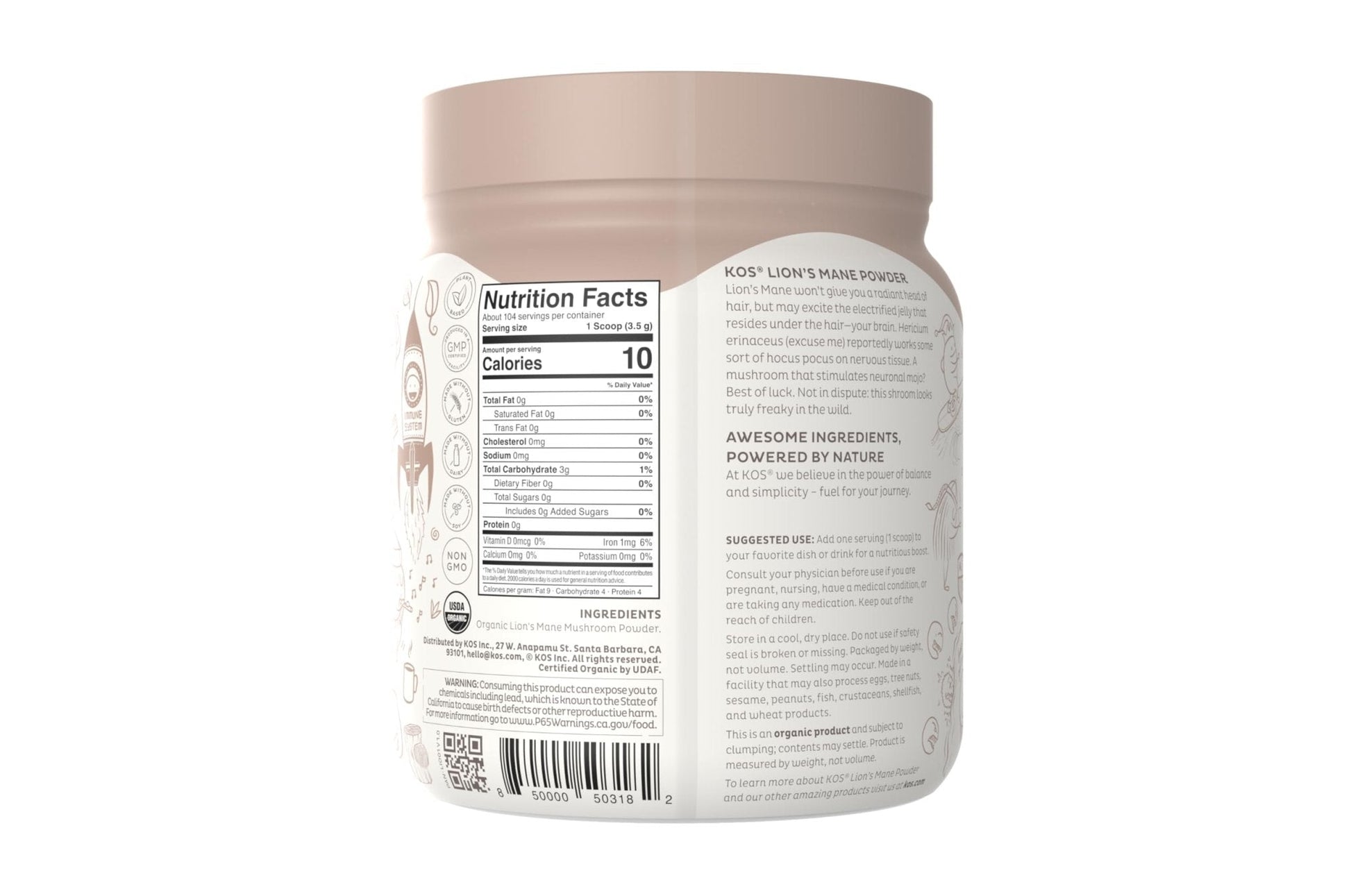 KOS Organic Lion's Mane Powder - Natural Nootropic Superfood - Vegan Functional Mushroom, Plant Based, USDA Certified, Non-GMO, Soy & Gluten-Free - 104 Servings - Maple Wellness Supplements