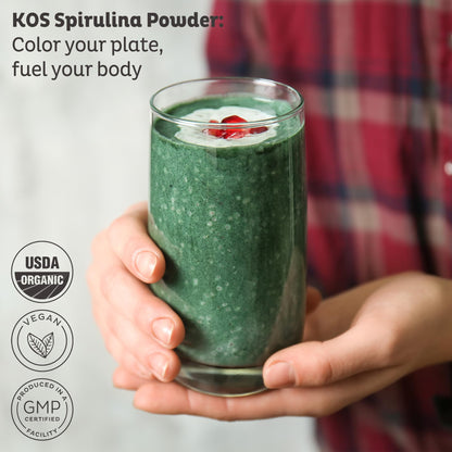 KOS Organic Spirulina Powder - USDA Certified Organic, 109 Servings of Superfood Powder for Smoothies & Juices, Non-Irradiated Blue Green Algae, Plant Based with Antioxidants, Vegan (13.5oz) - Maple Wellness Supplements