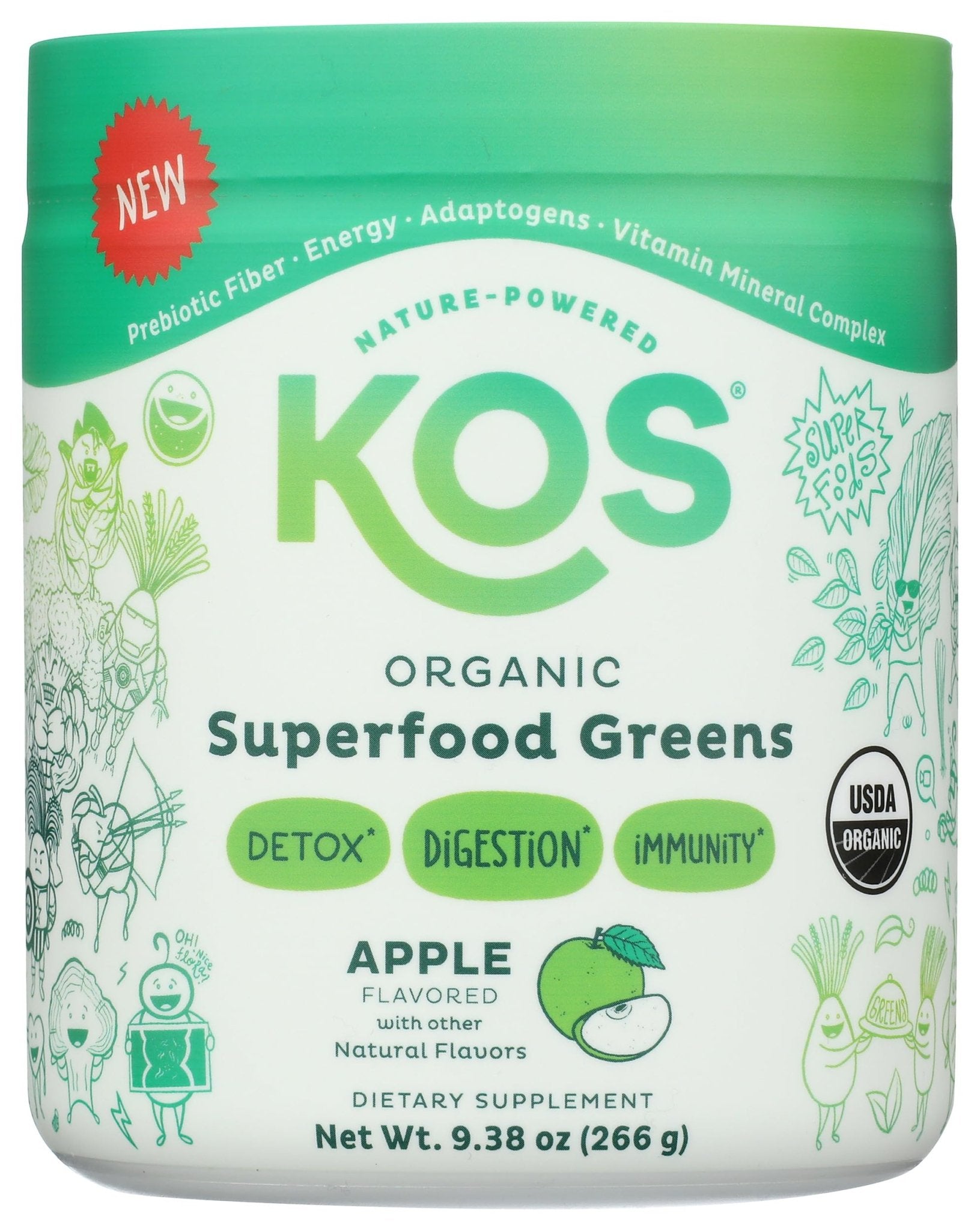 KOS Organic Super Greens Powder Erythritol Free - Plant Based Superfood Blend with Spirulina, Chlorella & Wheatgrass - USDA Certified Organic, Green Juice Smoothie - Apple Flavor - 28 Servings - Maple Wellness Supplements