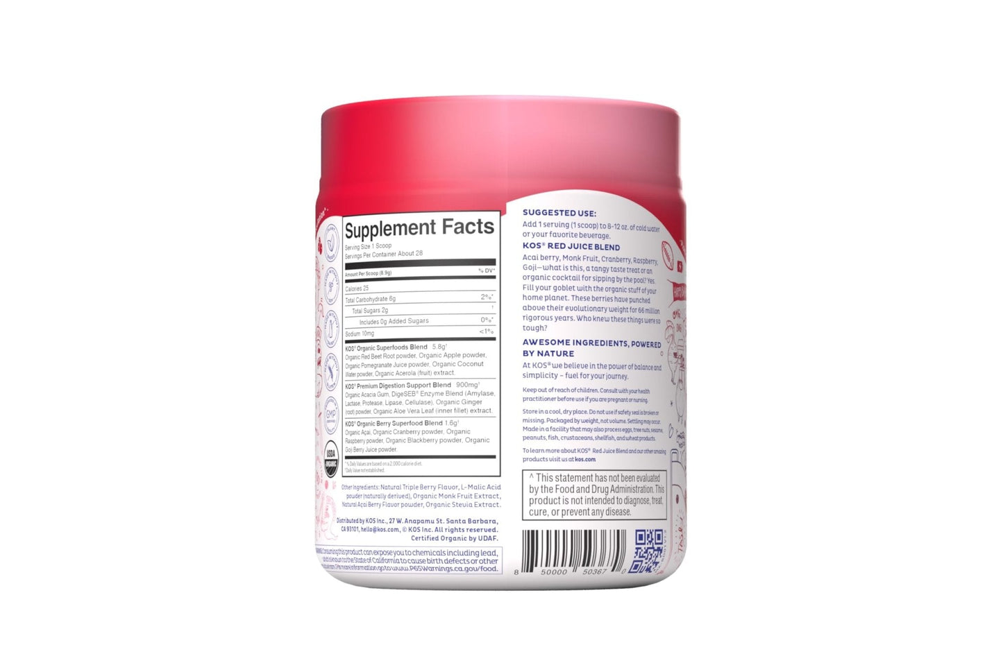 KOS Reds Superfood Powder for Antioxidants - USDA Certified Organic Beet Root, Goji Berries, Acai, Pomegranate, Coconut Water & Digestion Enzymes- Goji Berry Popsicle Flavor - Maple Wellness Supplements