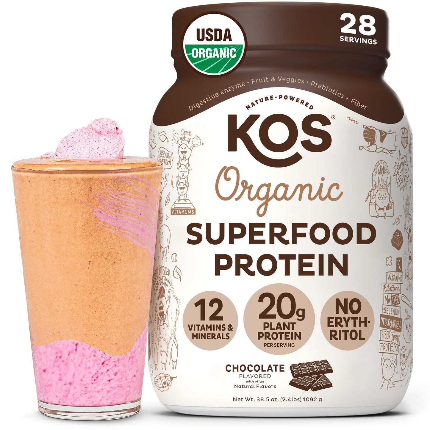 KOS Vegan Protein Powder Erythritol Free, Chocolate - Organic Pea Protein Blend, Plant Based Superfood Rich in Vitamins & Minerals - Keto, Dairy Free - Meal Replacement for Women & Men, 28 Servings - Maple Wellness Supplements