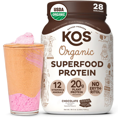 KOS Vegan Protein Powder Erythritol Free, Chocolate - Organic Pea Protein Blend, Plant Based Superfood Rich in Vitamins & Minerals - Keto, Dairy Free - Meal Replacement for Women & Men, 28 Servings - Maple Wellness Supplements