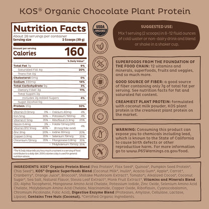 KOS Vegan Protein Powder Erythritol Free, Chocolate - Organic Pea Protein Blend, Plant Based Superfood Rich in Vitamins & Minerals - Keto, Dairy Free - Meal Replacement for Women & Men, 28 Servings - Maple Wellness Supplements