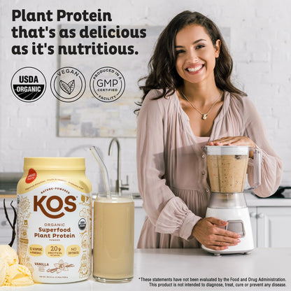 KOS Vegan Protein Powder Erythritol Free, Vanilla USDA Organic - Pea Protein Blend, Plant Based Superfood Rich in Vitamins & Minerals - Keto, Dairy Free - Meal Replacement for Women & Men, 28 Servings - Maple Wellness Supplements