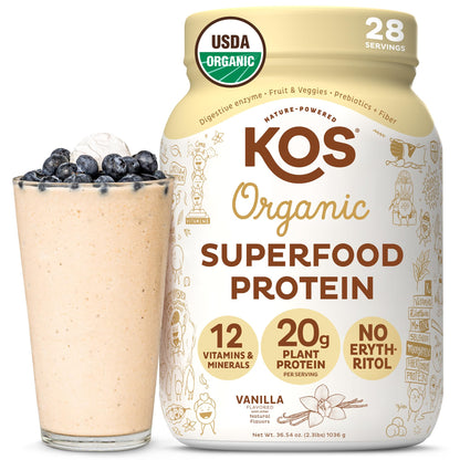 KOS Vegan Protein Powder Erythritol Free, Vanilla USDA Organic - Pea Protein Blend, Plant Based Superfood Rich in Vitamins & Minerals - Keto, Dairy Free - Meal Replacement for Women & Men, 28 Servings - Maple Wellness Supplements