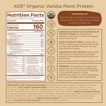 KOS Vegan Protein Powder Erythritol Free, Vanilla USDA Organic - Pea Protein Blend, Plant Based Superfood Rich in Vitamins & Minerals - Keto, Dairy Free - Meal Replacement for Women & Men, 28 Servings - Maple Wellness Supplements