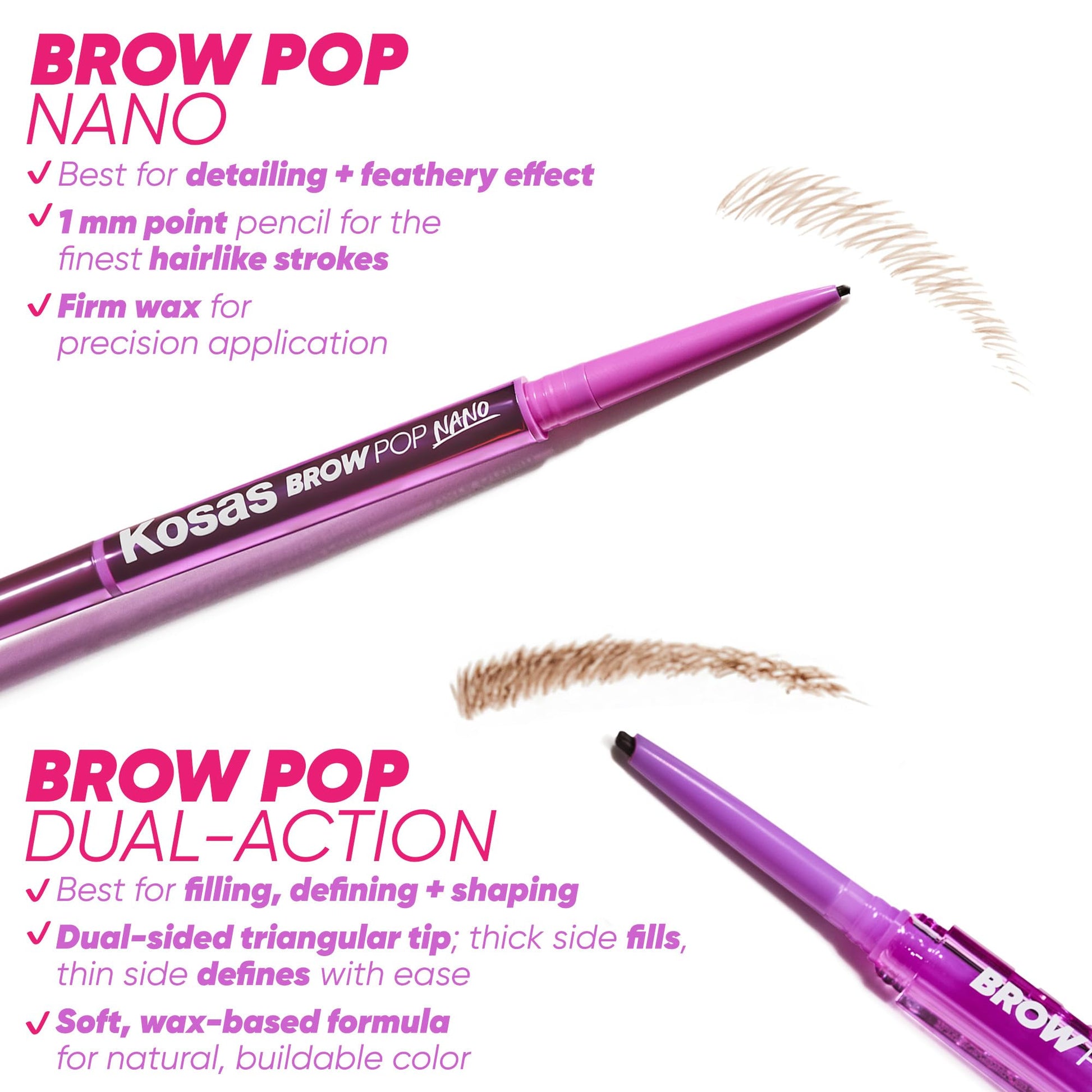 Kosas Brow Pop Nano Eyebrow Pencil – Ultra-Fine 1mm Micro Brow Pencil with Spoolie, Medium Brown - Maple Wellness Supplements