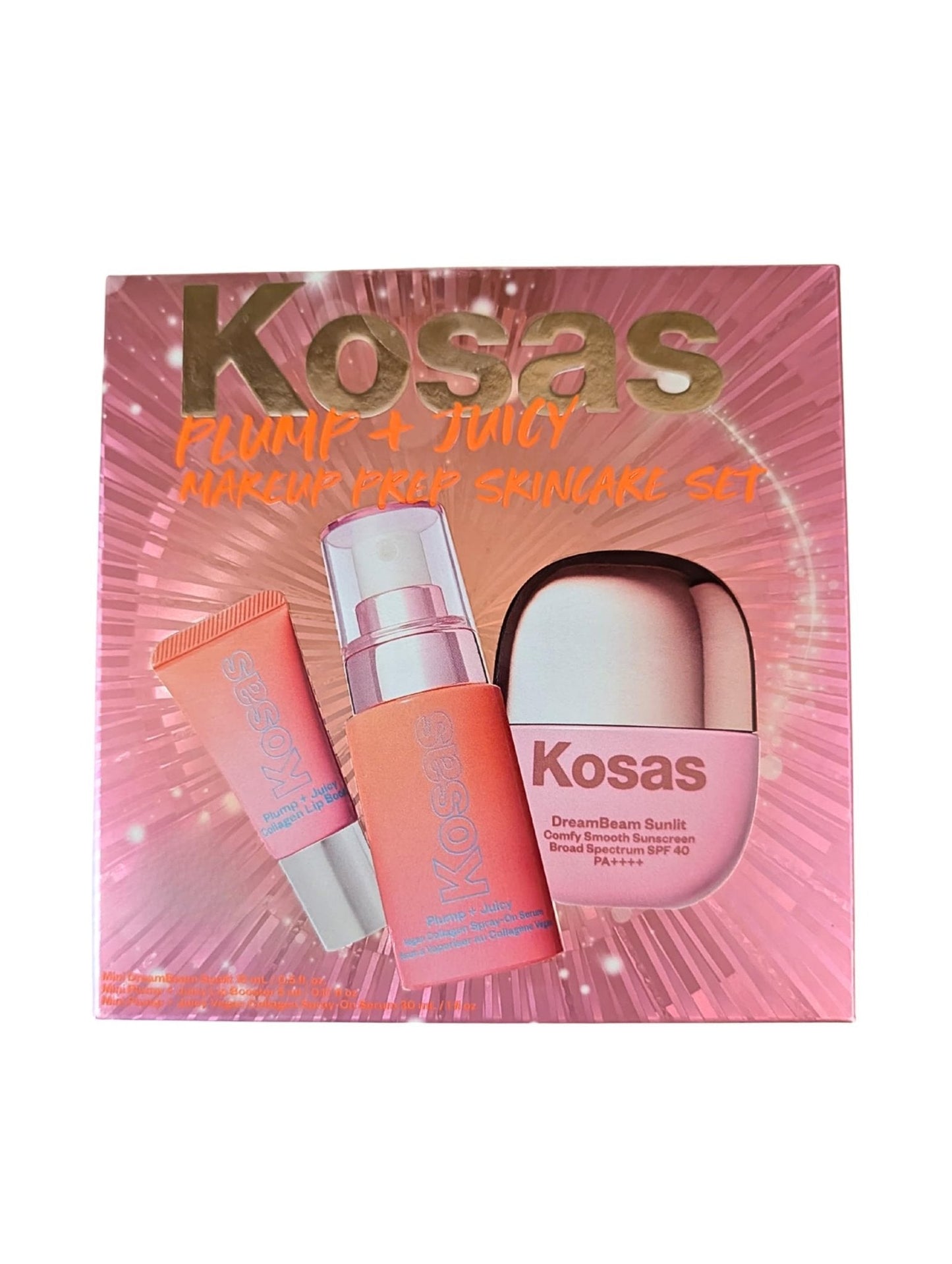 Kosas Plump + Juicy Makeup Prep Skincare Set – 3-Piece Mini Set with Collagen Spray-On Serum (1 oz), DreamBeam Sunlit SPF 40 PA++++ Sunscreen (0.5 oz), and Lip Booster (0.17 oz) - Maple Wellness Supplements