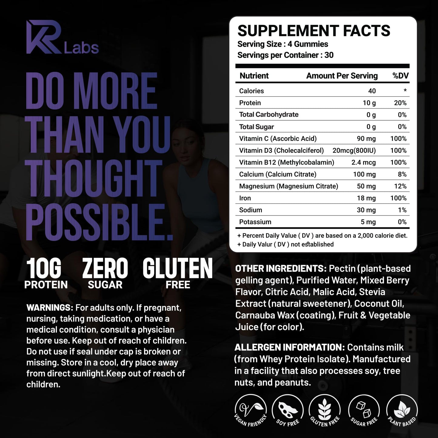 KR Labs Zero Carb 100% Pure Whey Isolate Protein Gummies | 300g Total Protein per Bag | 10g per Serving Plant Based with Vitamins for Men & Women - Maple Wellness Supplements