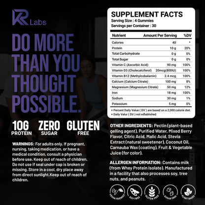 KR Labs Zero Carb 100% Pure Whey Isolate Protein Gummies | 300g Total Protein per Bag | 10g per Serving Plant Based with Vitamins for Men & Women - Maple Wellness Supplements
