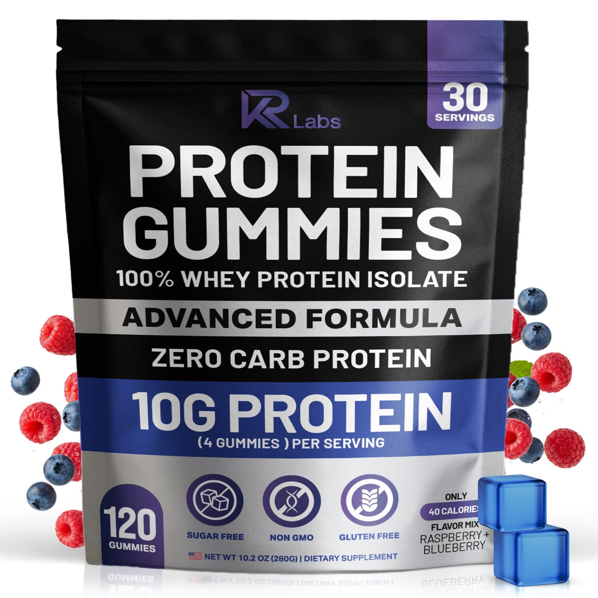 KR Labs Zero Carb 100% Pure Whey Isolate Protein Gummies | 300g Total Protein per Bag | 10g per Serving Plant Based with Vitamins for Men & Women - Maple Wellness Supplements