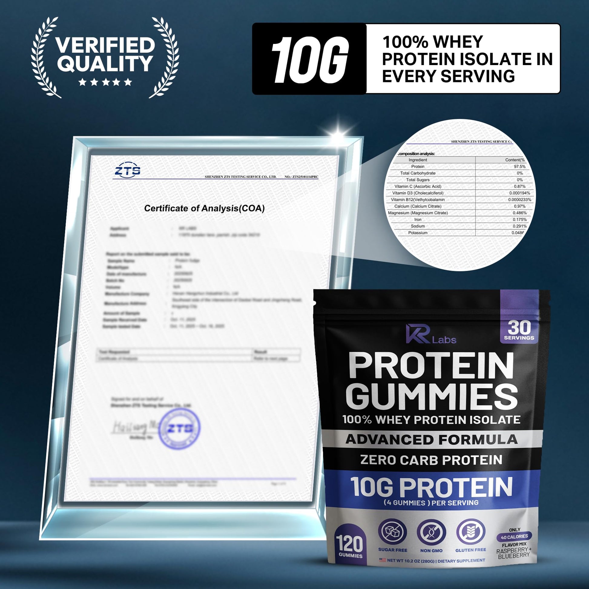 KR Labs Zero Carb 100% Pure Whey Isolate Protein Gummies | 300g Total Protein per Bag | 10g per Serving Plant Based with Vitamins for Men & Women - Maple Wellness Supplements