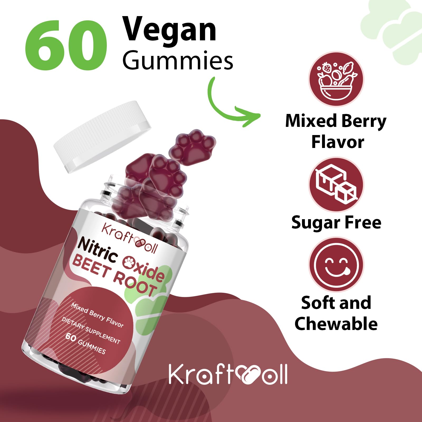 Kraftvoll Nitric Oxide Beet Root Gummies – Sugar-Free Beet Chewables, Mixed Berry Flavor with Grapeseed Powder, Pomegranate, Vitamin C & B12 – Nitric Oxide Supplements for Men – 60 Gummies (2 Bottles) - Maple Wellness Supplements