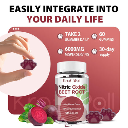 Kraftvoll Nitric Oxide Beet Root Gummies – Sugar-Free Beet Chewables, Mixed Berry Flavor with Grapeseed Powder, Pomegranate, Vitamin C & B12 – Nitric Oxide Supplements for Men – 60 Gummies (2 Bottles) - Maple Wellness Supplements
