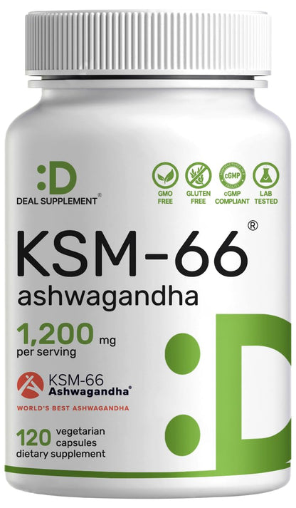 KSM 66 Ashwagandha 1,200mg with Black Pepper, 120 Veggie Capsules – Extra Strength Root Extract – High Absorption – Adaptogenic Supplements for Relaxation, Energy, & Brain Health – Non-GMO - Maple Wellness Supplements