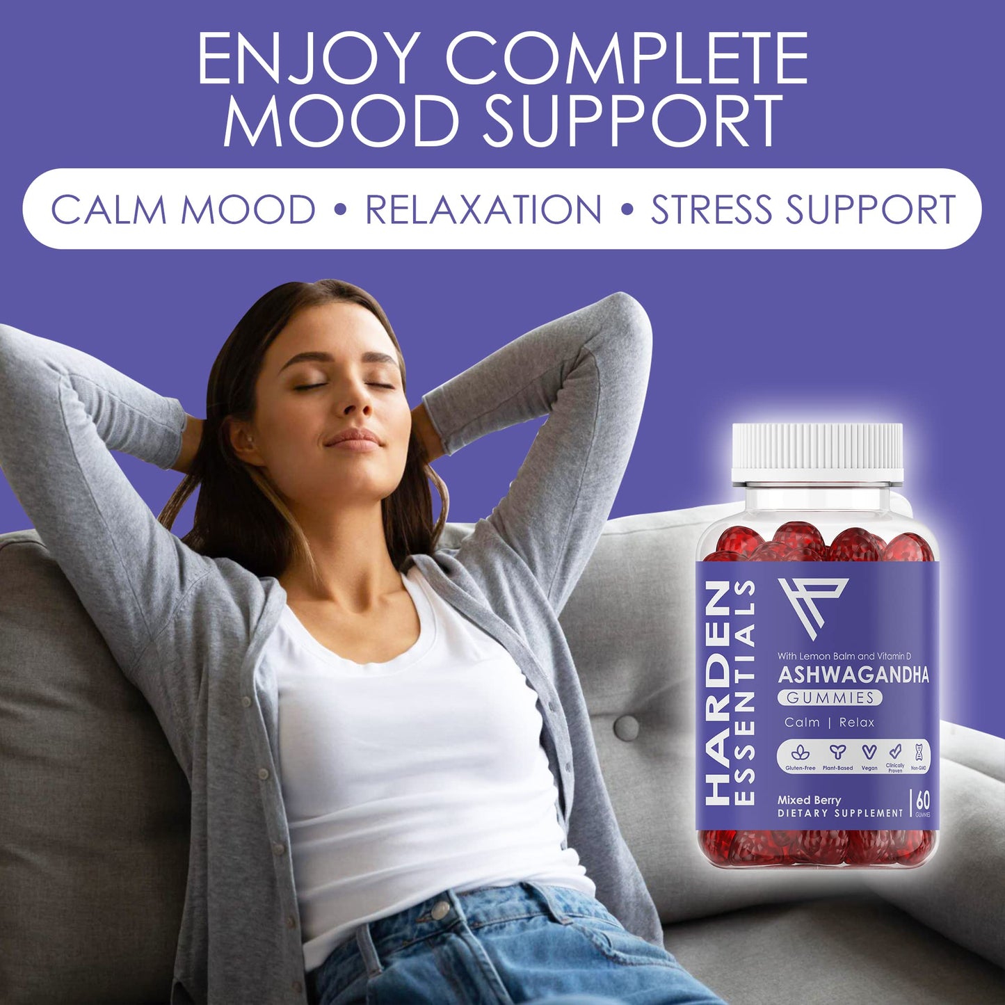 KSM-66 Ashwagandha Gummies 750mg Per Gummy – 1,500mg Per Serving – Stress & Cortisol Support – with Lemon Balm & Vitamin D – 60 Count (30 Day Supply) – Vegan – Harden Essentials - Maple Wellness Supplements