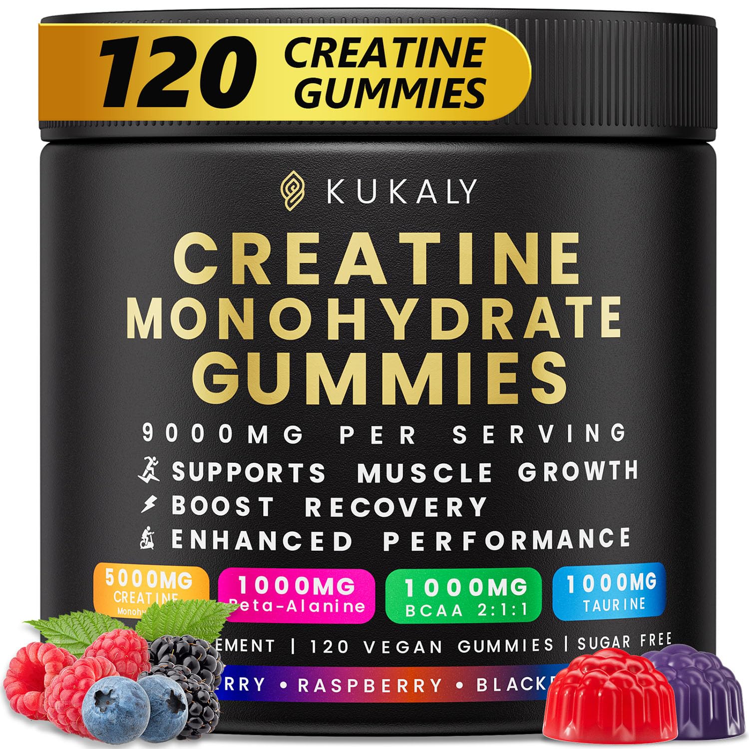 KUKALY Creatine Monohydrate Gummies for Men & Women, 9000MG Creatine Gummies Sugar Free - Mixed Flavored with L-Taurine, BCAA 2:1, B12 B6 for Boost Strength - Maple Wellness Supplements