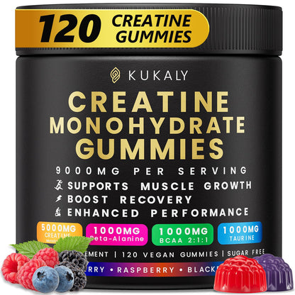KUKALY Creatine Monohydrate Gummies for Men & Women, 9000MG Creatine Gummies Sugar Free - Mixed Flavored with L-Taurine, BCAA 2:1, B12 B6 for Boost Strength - Maple Wellness Supplements