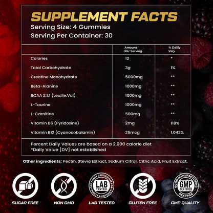 KUKALY Creatine Monohydrate Gummies for Men & Women, 9000MG Creatine Gummies Sugar Free - Mixed Flavored with L-Taurine, BCAA 2:1, B12 B6 for Boost Strength - Maple Wellness Supplements
