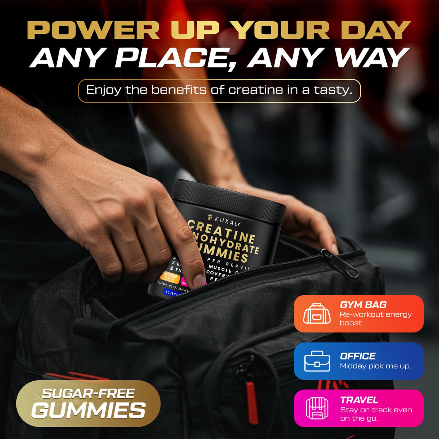 KUKALY Creatine Monohydrate Gummies for Men & Women, 9000MG Creatine Gummies Sugar Free - Mixed Flavored with L-Taurine, BCAA 2:1, B12 B6 for Boost Strength - Maple Wellness Supplements