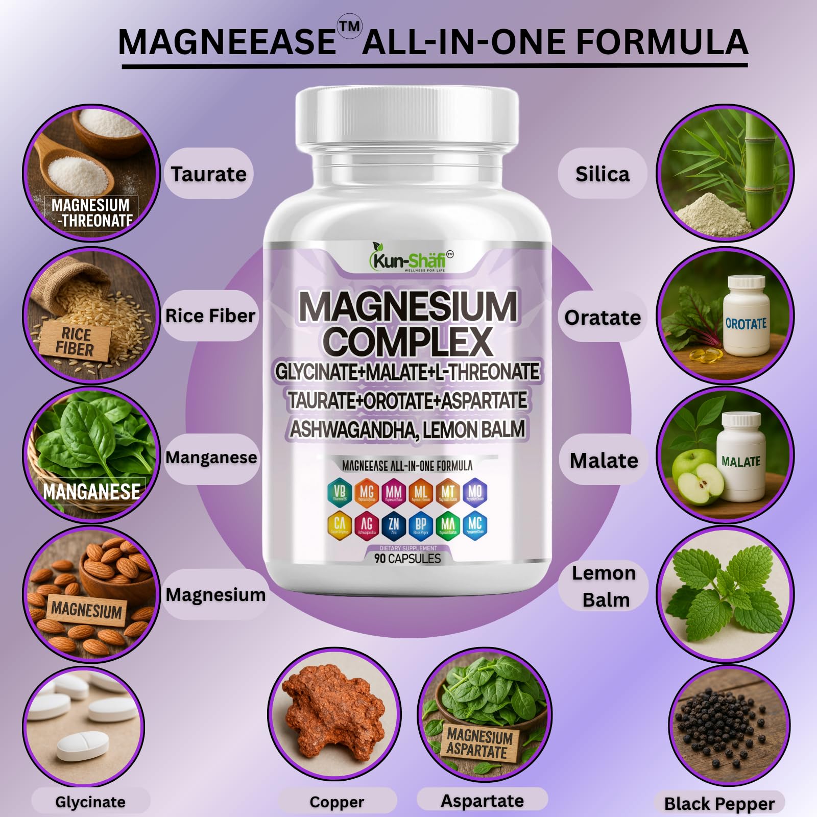 Kun Shafi Magnesium Complex with Magnesium Glycinate Malate, L-Threonate, Taurate, Orotate, Zinc,Aspartate, Copper Manganese & Vitamin D3 B6 Complex - 1Pack - Maple Wellness Supplements