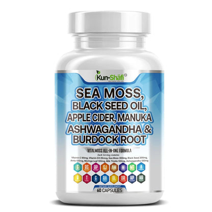 Kun Shafi Sea Moss Complex – with Black Seed Oil, Shilajit, Amla, Moringa, Turmeric, Ashwagandha & Burdock – Enriched with Vitamin C, D3, Chlorophyll, Manuka & Ginger – 60 Capsules - Maple Wellness Supplements