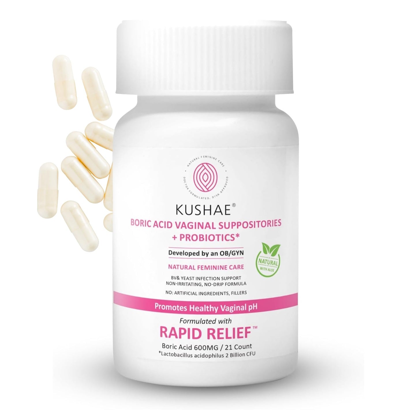 Kushae Boric Acid Suppositories + Rapid Relief, All Natural Female Suppositories with Probiotics & Aloe Vera, Relieves Discomfort & Balances pH Level Bottle Only 21 Capsules - Maple Wellness Supplements
