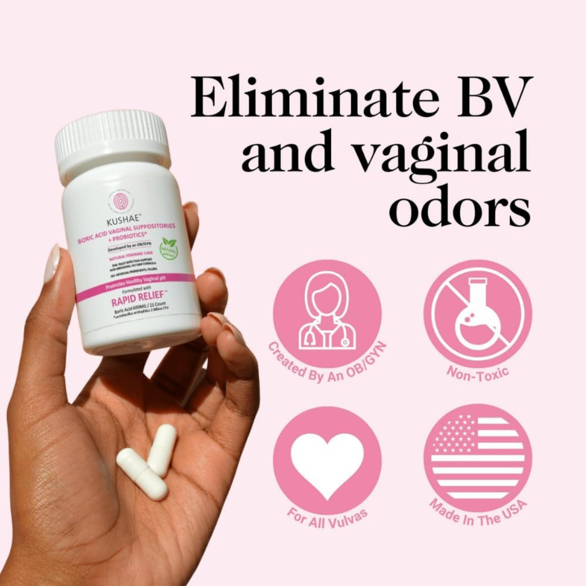 Kushae Boric Acid Suppositories + Rapid Relief, All Natural Female Suppositories with Probiotics & Aloe Vera, Relieves Discomfort & Balances pH Level Bottle Only 21 Capsules - Maple Wellness Supplements