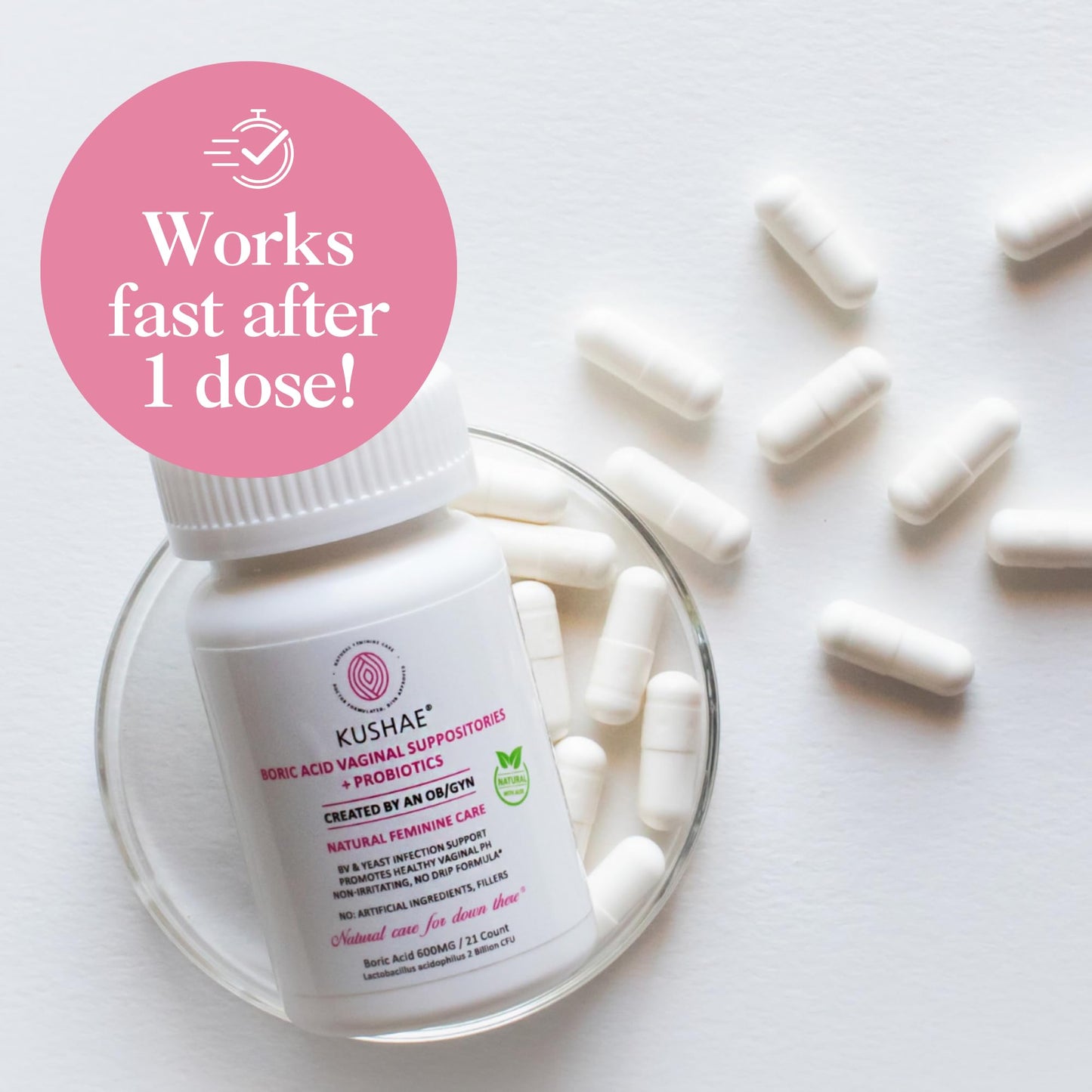 Kushae Boric Acid Suppositories + Rapid Relief, All Natural Female Suppositories with Probiotics & Aloe Vera, Relieves Discomfort & Balances pH Level Bottle Only 21 Capsules - Maple Wellness Supplements
