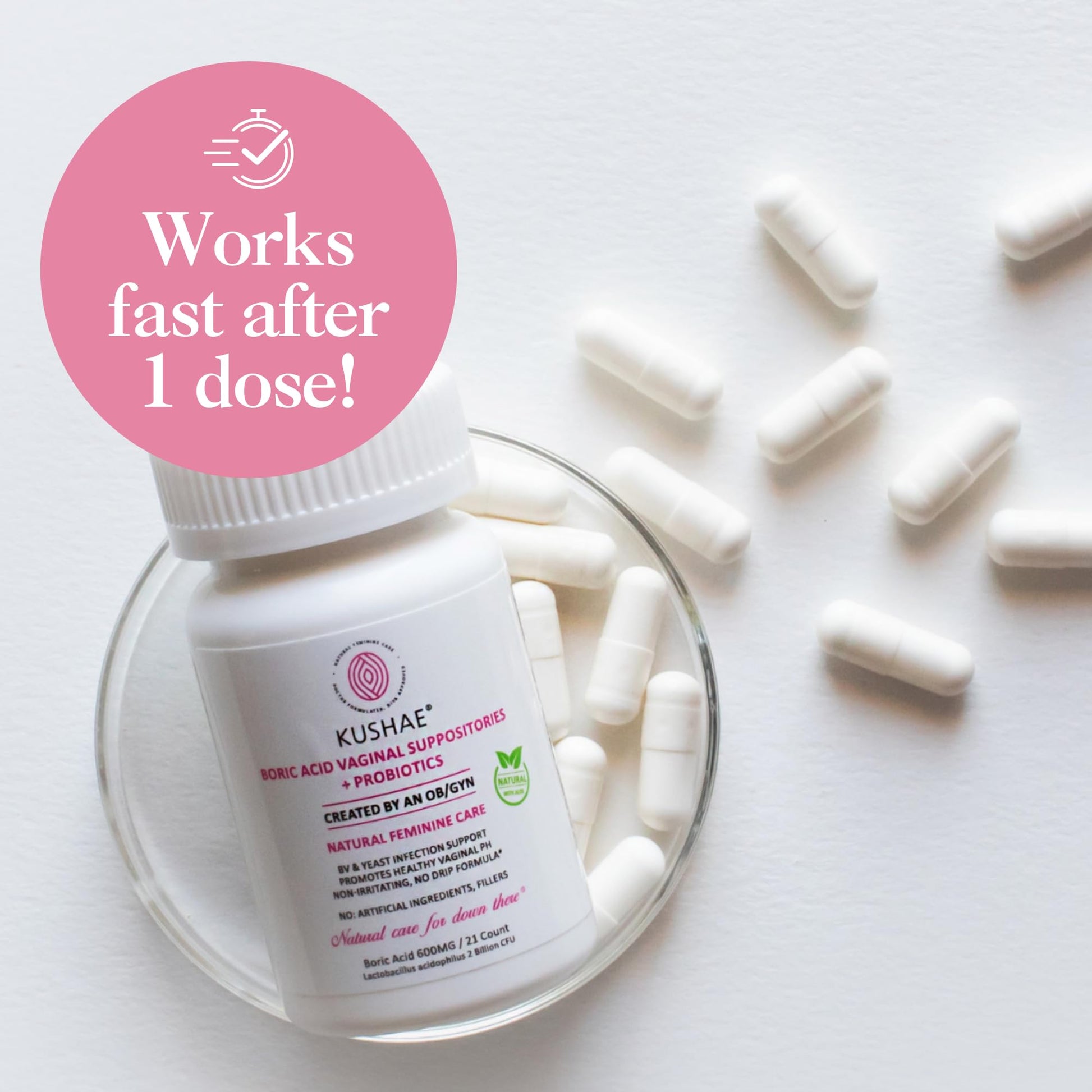 Kushae Boric Acid Suppositories + Rapid Relief, All Natural Female Suppositories with Probiotics & Aloe Vera, Relieves Discomfort & Balances pH Level Bottle Only 21 Capsules - Maple Wellness Supplements