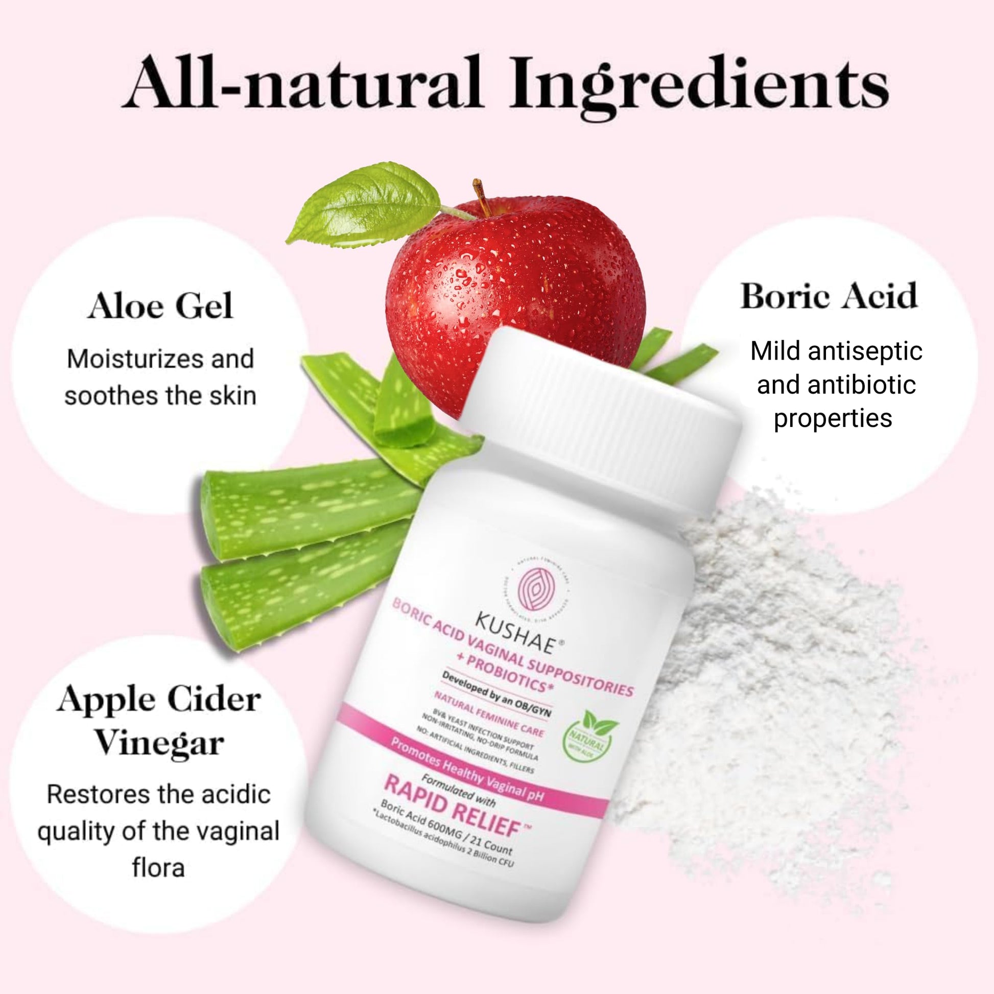 Kushae Boric Acid Suppositories + Rapid Relief, All Natural Female Suppositories with Probiotics & Aloe Vera, Relieves Discomfort & Balances pH Level Bottle Only 21 Capsules - Maple Wellness Supplements