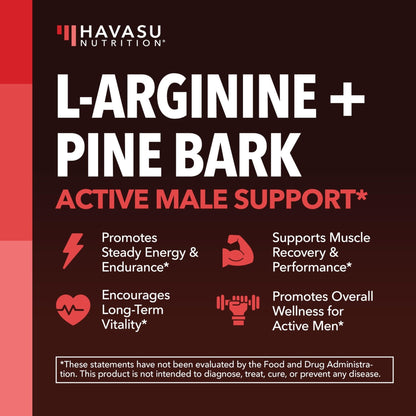 L-Arginine 1800mg and Pine Bark Extract 100mg - Nitric Oxide Supplement for Men - Performance Supplement for Men's Health - 90 Count - Endurance, Recovery Support - Maple Wellness Supplements