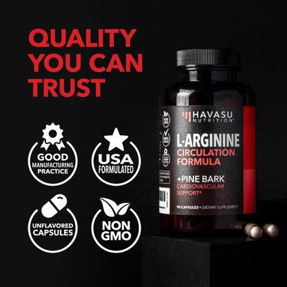 L-Arginine 1800mg and Pine Bark Extract 100mg - Nitric Oxide Supplement for Men - Performance Supplement for Men's Health - 90 Count - Endurance, Recovery Support - Maple Wellness Supplements