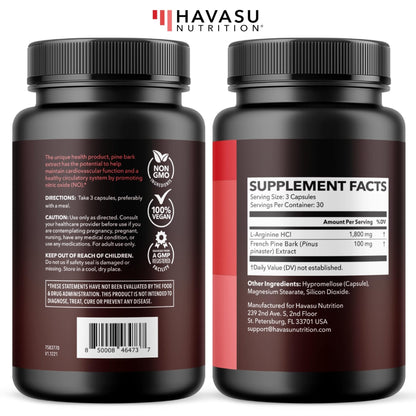 L-Arginine 1800mg and Pine Bark Extract 100mg - Nitric Oxide Supplement for Men - Performance Supplement for Men's Health - 90 Count - Endurance, Recovery Support - Maple Wellness Supplements