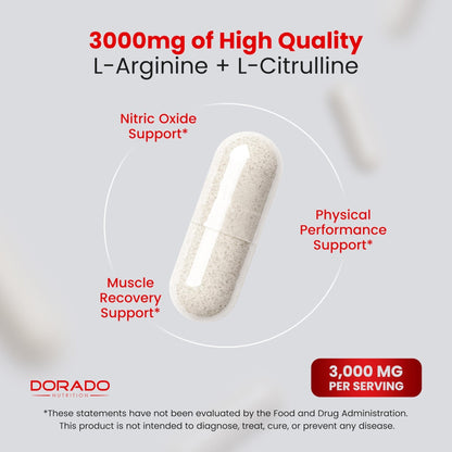 L Arginine L Citrulline Supplement 3000mg (240 Capsules) Nitric Oxide Pills for Men - Stamina, Endurance, Performance for Workouts - NO Supplements for Men - Maple Wellness Supplements