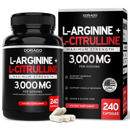 L Arginine L Citrulline Supplement 3000mg (240 Capsules) Nitric Oxide Pills for Men - Stamina, Endurance, Performance for Workouts - NO Supplements for Men - Maple Wellness Supplements