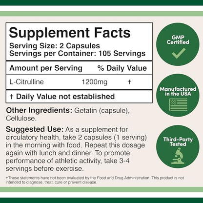 L Citrulline Capsules 1,200mg Per Serving, 210 Count (L-Citrulline Increases Levels - Maple Wellness Supplements