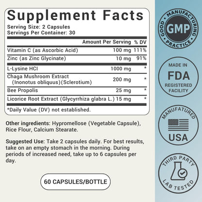 L-Lysine Cold Sore Treatment For Lips With Immune Support - L Lysine 1000mg Capsules, Chaga, Bee Propolis, Vitamin C, Zinc & Licorice Root Extract - Non-GMO, Vegetarian, - Maple Wellness Supplements