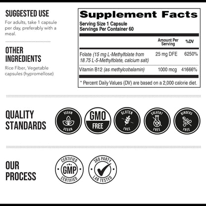 L Methyl Folate 15mg Plus Methyl B12 Cofactor – High Potency, Active 5-MTHF Form - Supports Mood, Methylation, Cognition - Maple Wellness Supplements